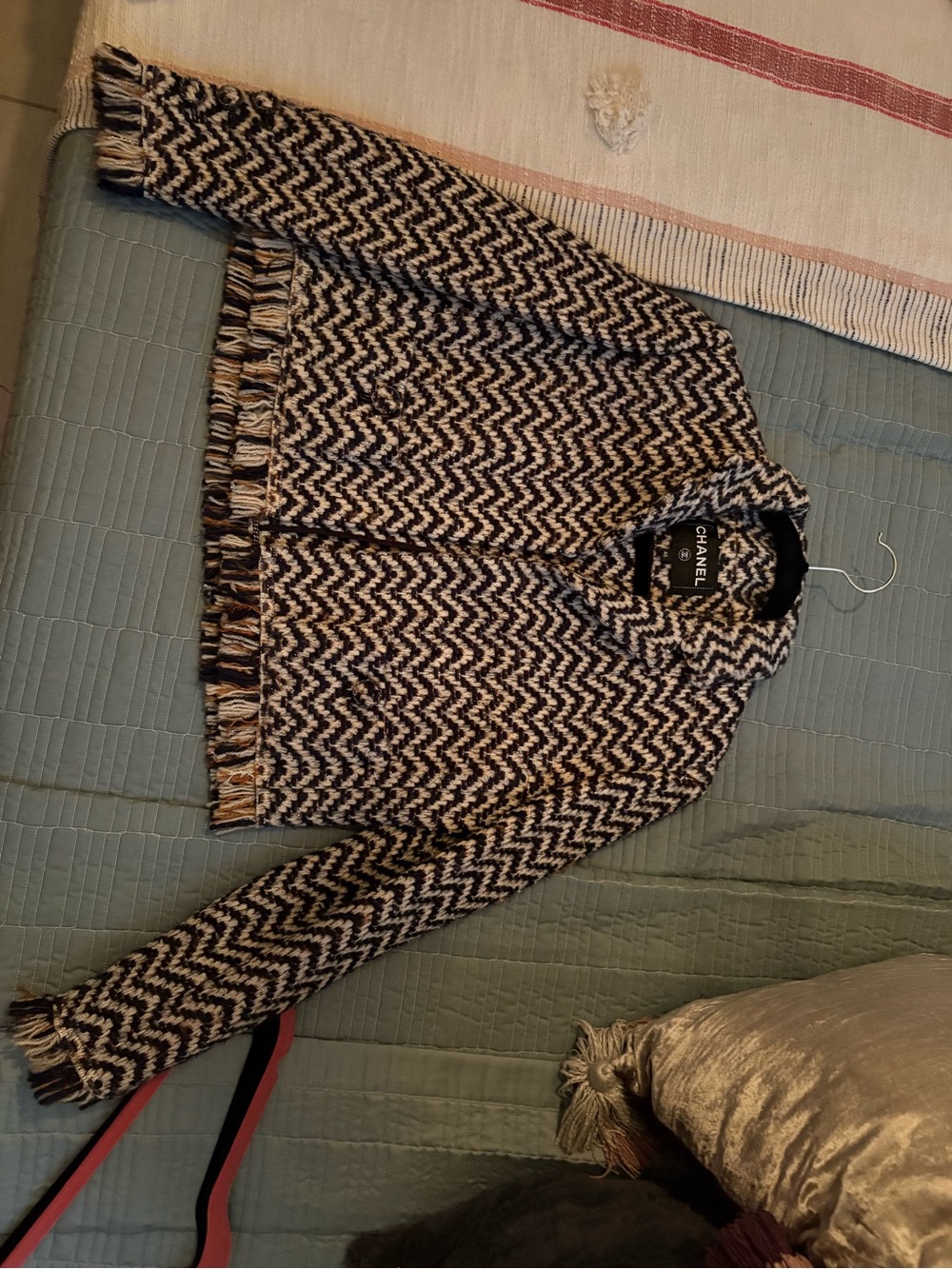 CHANEL Navy & Cream Textured Zigzag Tweed Jacket with Fringe